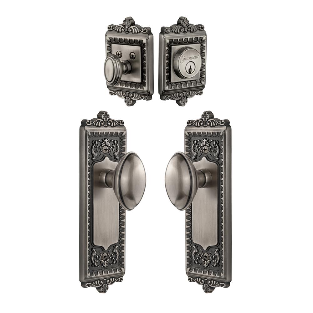 Grandeur by Nostalgic Warehouse Single Cylinder Combo Pack Keyed Differently - Windsor Plate with Eden Prairie Knob and Matching Deadbolt in Antique Pewter